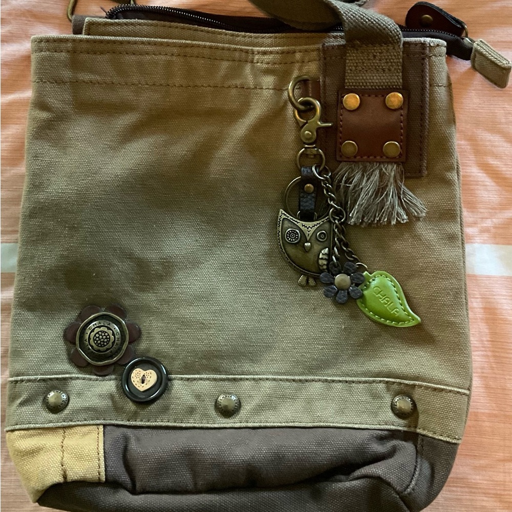 Chala Brown Canvas Tote with Owl and Leaf Charm